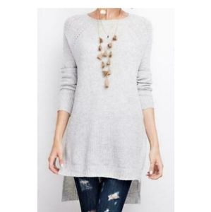 Grey Knit Round Neck Hi Low Split Hem Sweater